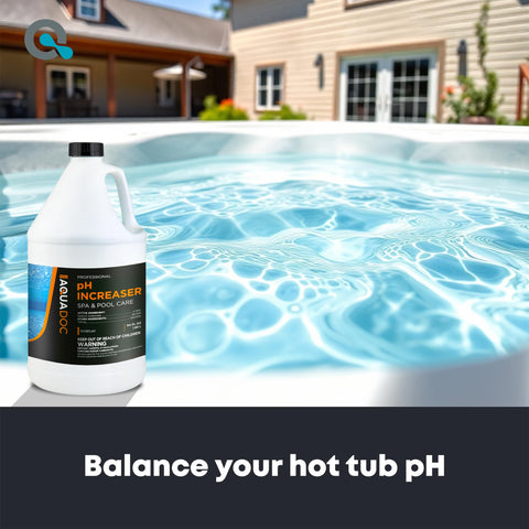 MAV AquaDoc Spa pH Up label closeup shows USA-made quality