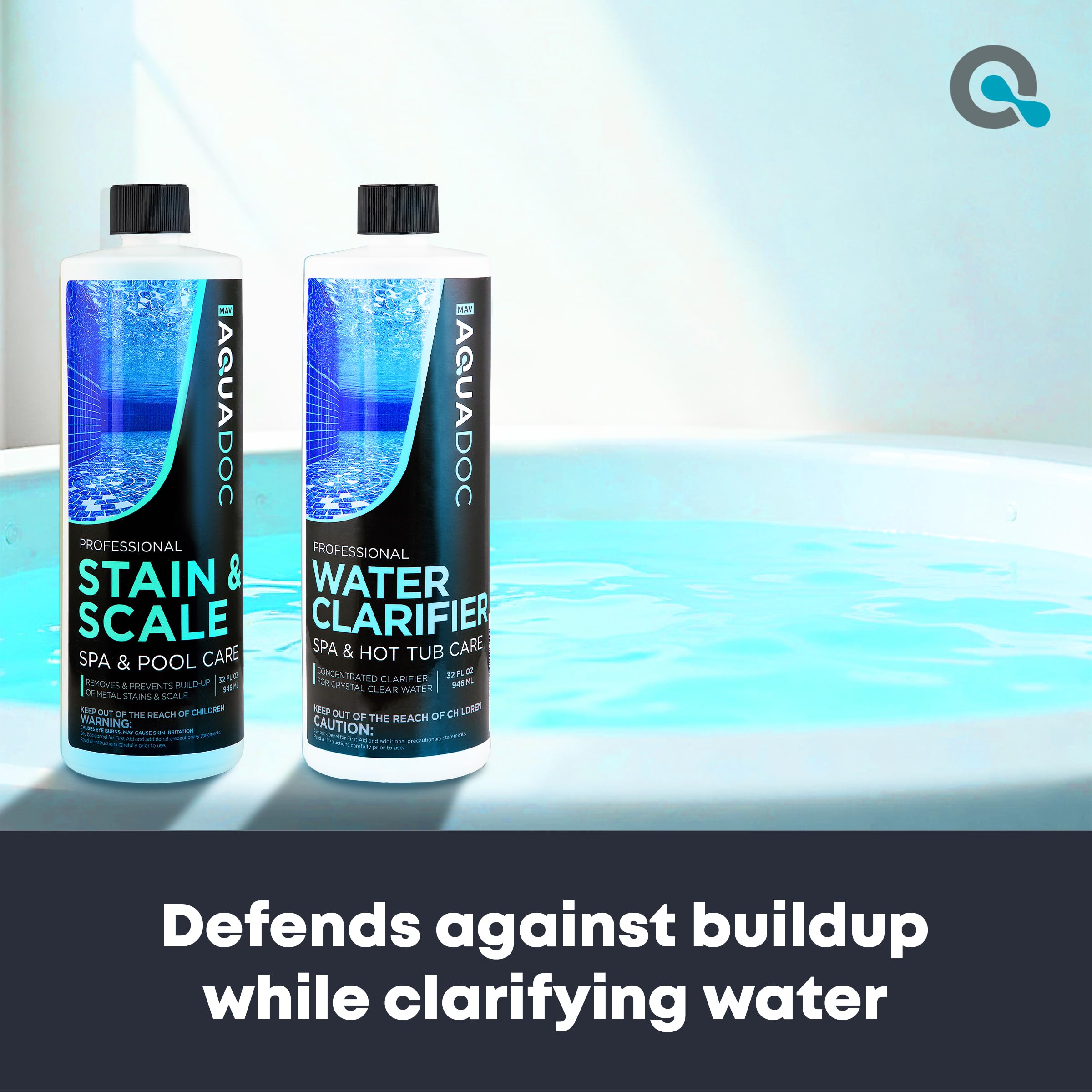 MAV AquaDoc Spa Stain Remover bottle showing surface stain prevention benefits