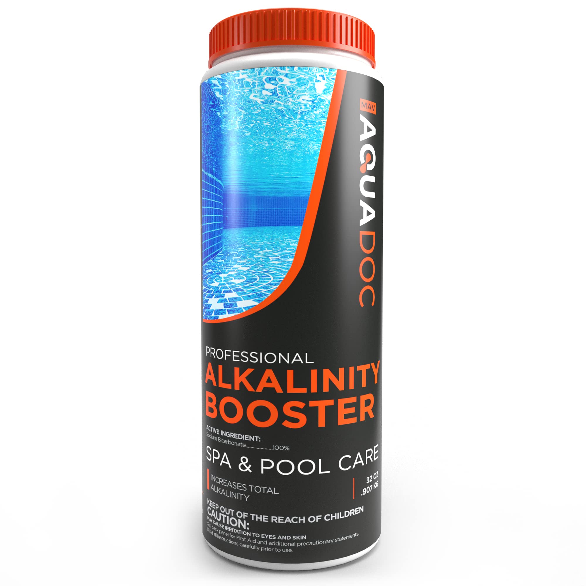 AquaDoc total alkalinity increaser bottle stabilizes spa water for balanced pH.