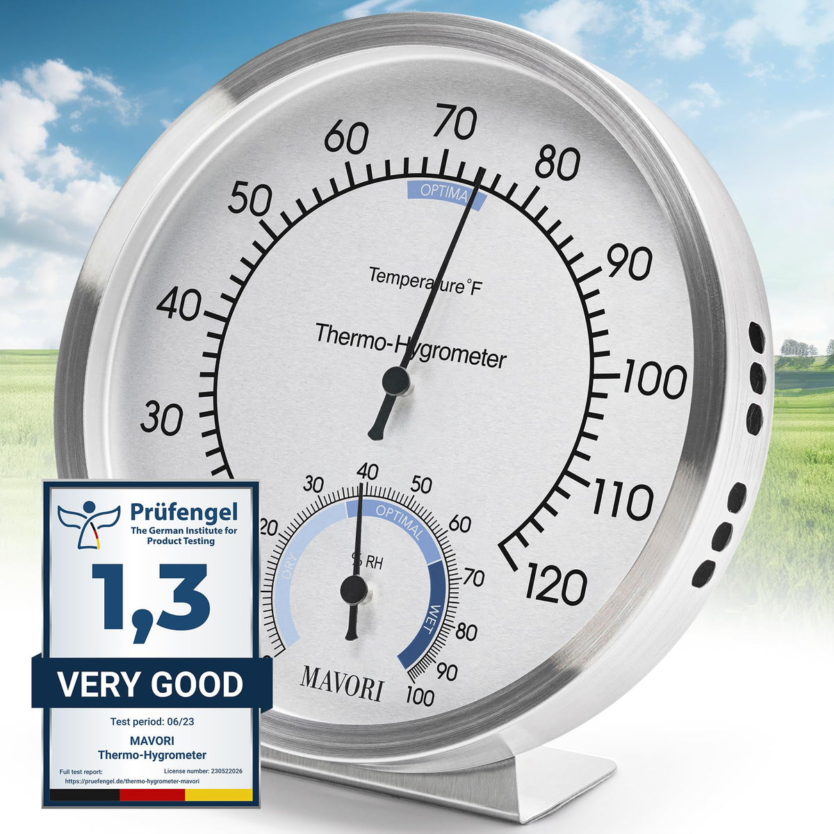 MAVORI analog thermometer and hygrometer front view for accurate indoor readings.