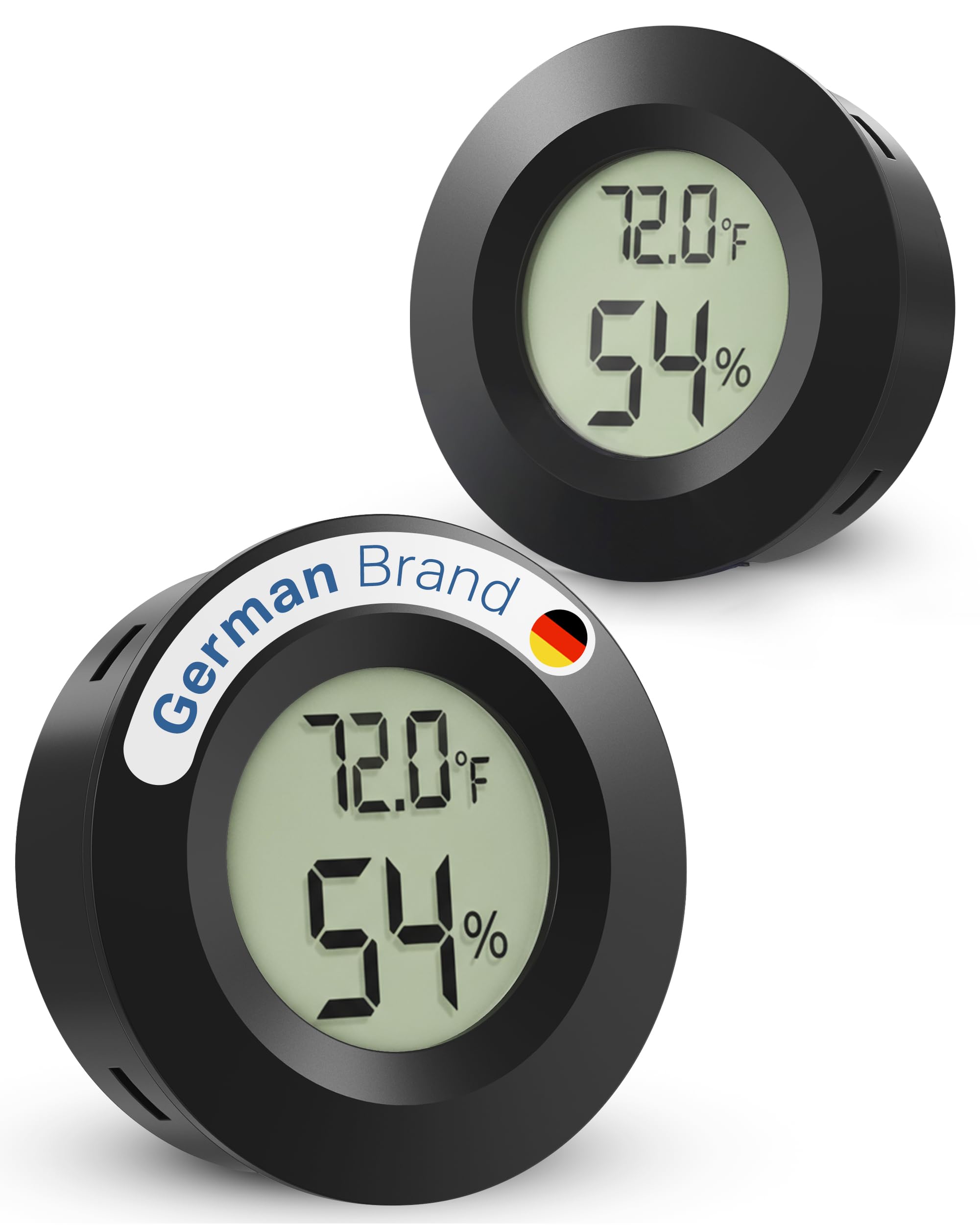 MAVORI digital hygrometer display front view showing real-time readings