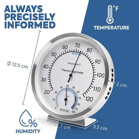 MAVORI indoor temperature and humidity monitor shown from the side for wall mounting.