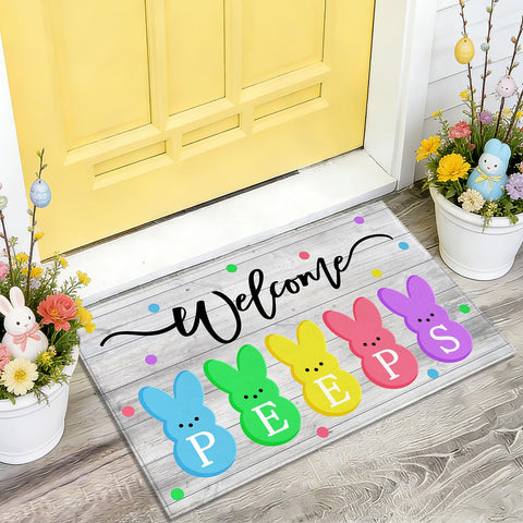 MAWKODX Easter Bunny Welcome doormat with non-slip backing for secure entryways.