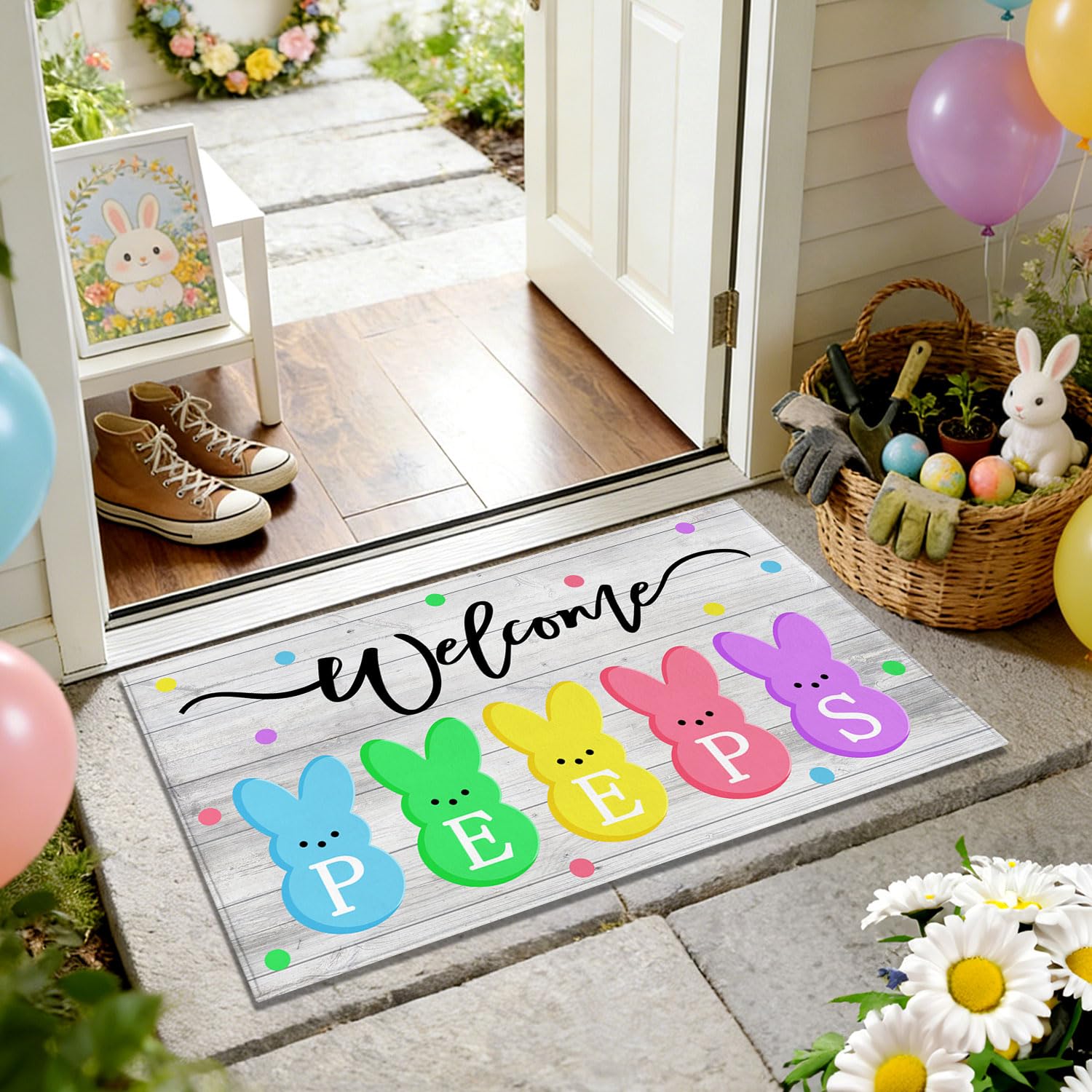 MAWKODX Easter Bunny doormat washable surface for easy cleaning.