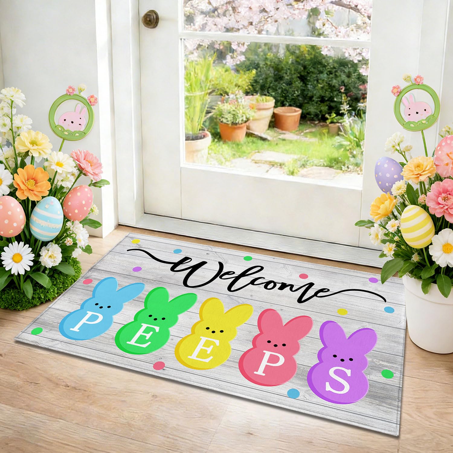 MAWKODX Easter Bunny mat suitable for indoor and outdoor use.