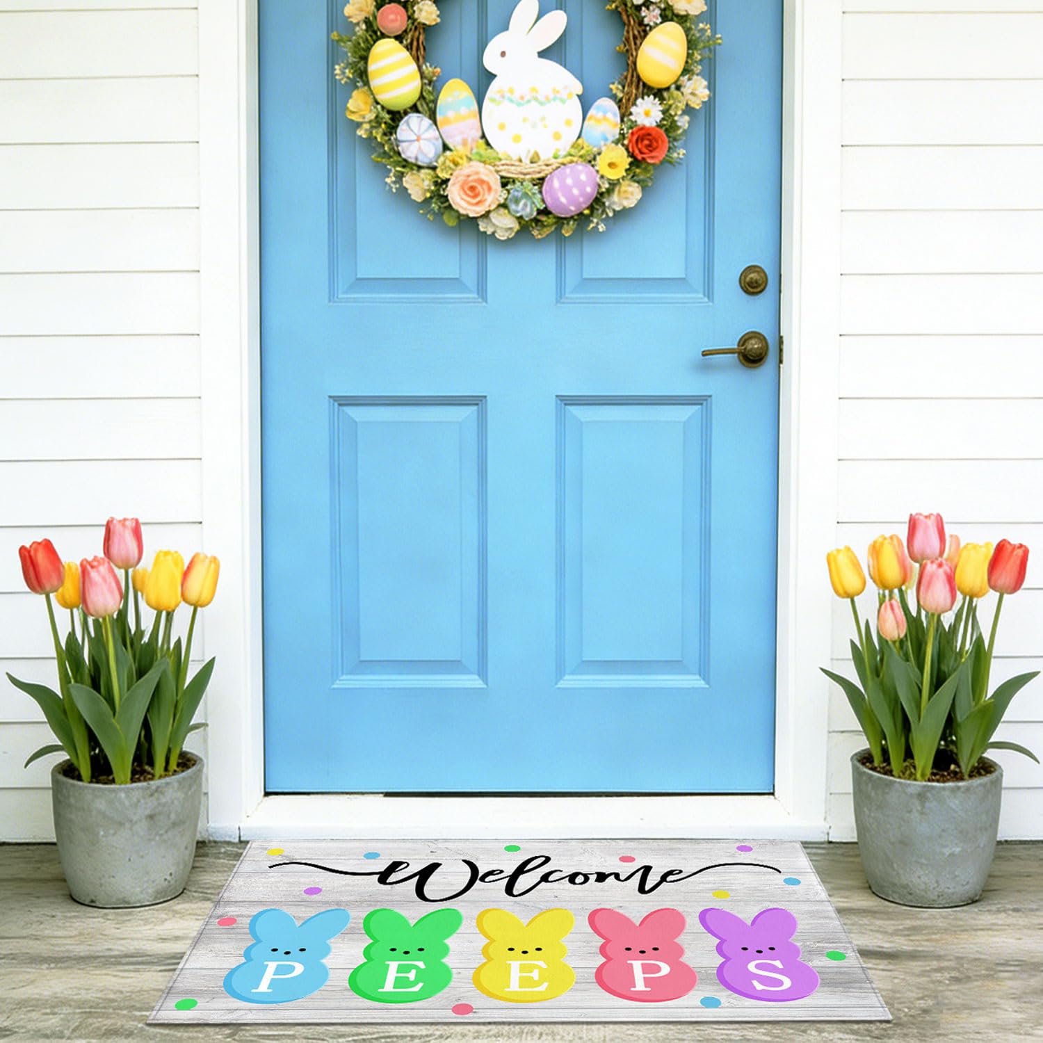MAWKODX Easter Bunny doormat low-profile design for smooth door operation.