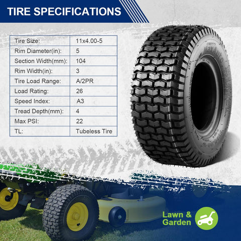 MaxAuto 11x4.00-5 turf tire mounted on lawn mower.