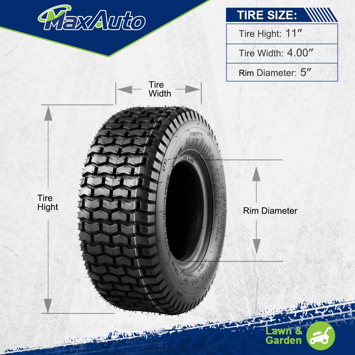 MaxAuto 11x4.00-5 turf tire showing 210 lbs load rating at 22 psi.