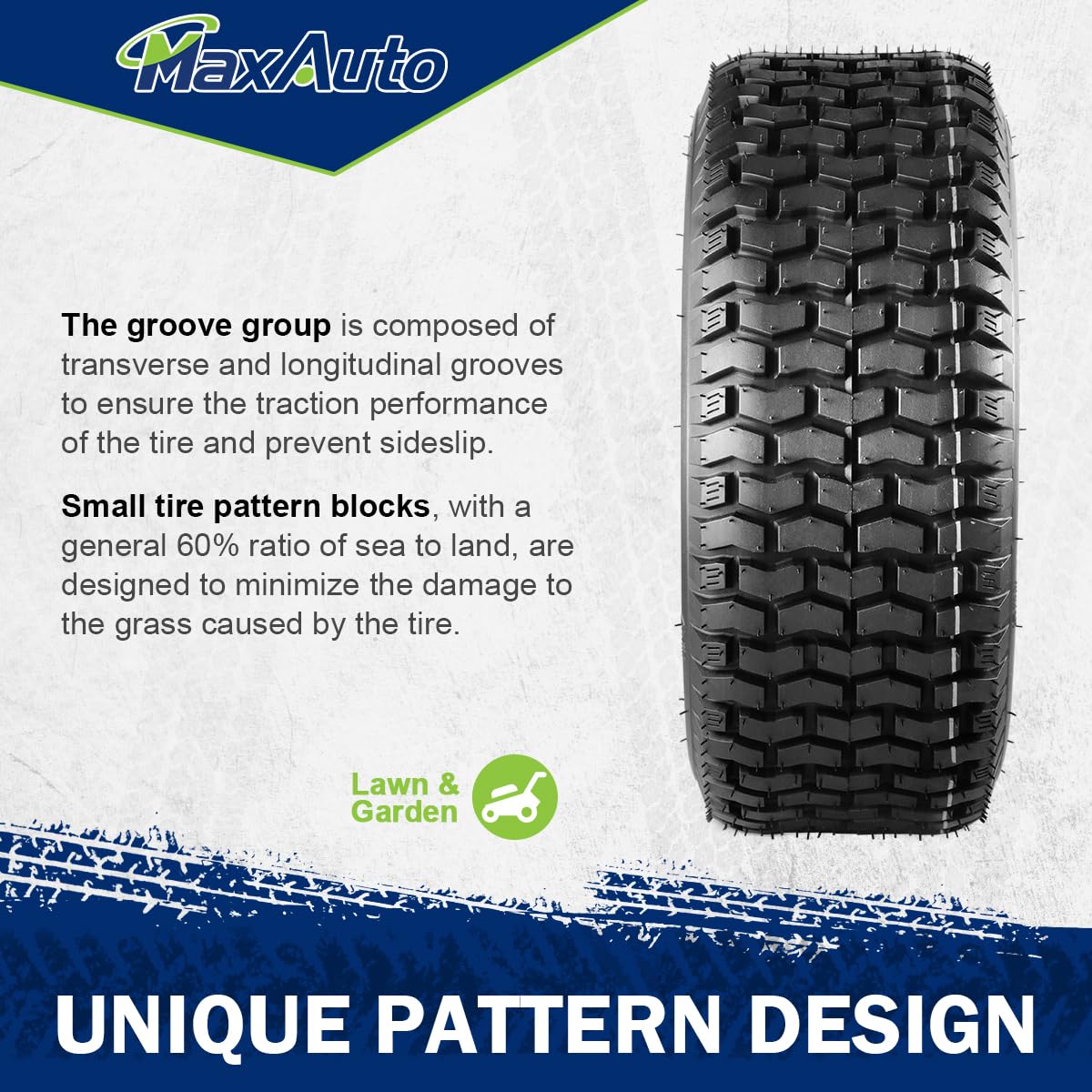 MaxAuto 11x4.00-5 turf tire on golf cart for grass-friendly travel.