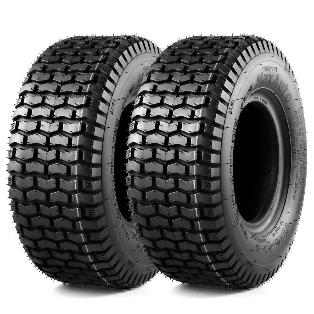 MaxAuto 11x4.00-5 turf tire side view with turf-friendly traction.