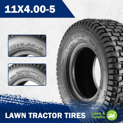 MaxAuto 11x4.00-5 turf tire tread close-up showing 4 mm depth.