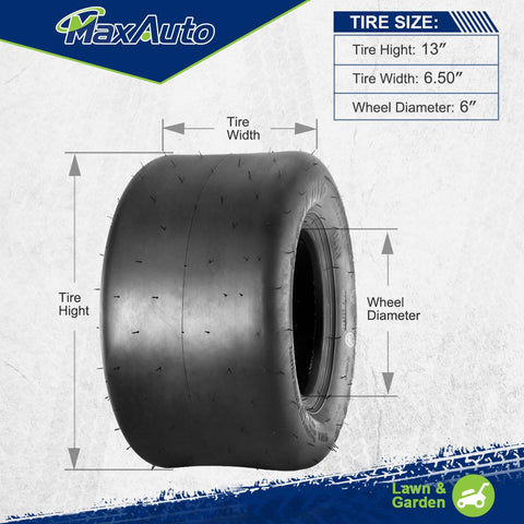 MaxAuto 13x6.50-6 on a lawn tractor showing compatibility and turf-friendly design