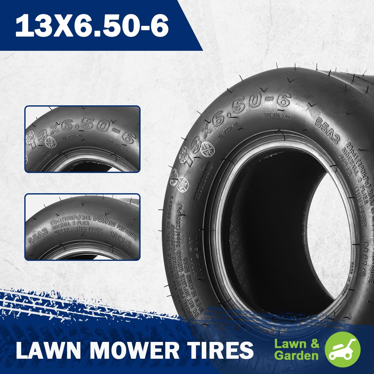 MaxAuto 13x6.50-6 tread detail highlighting smooth contact with lawn