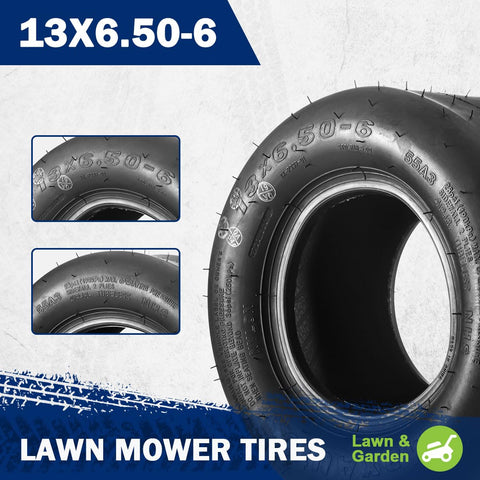 MaxAuto 13x6.50-6 tread detail highlighting smooth contact with lawn