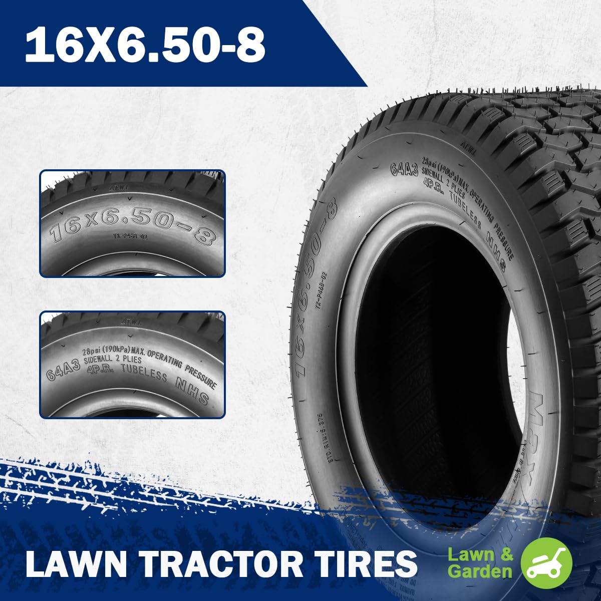 MaxAuto grass-safe tread on 16x6.50-8 prevents turf damage on slopes.