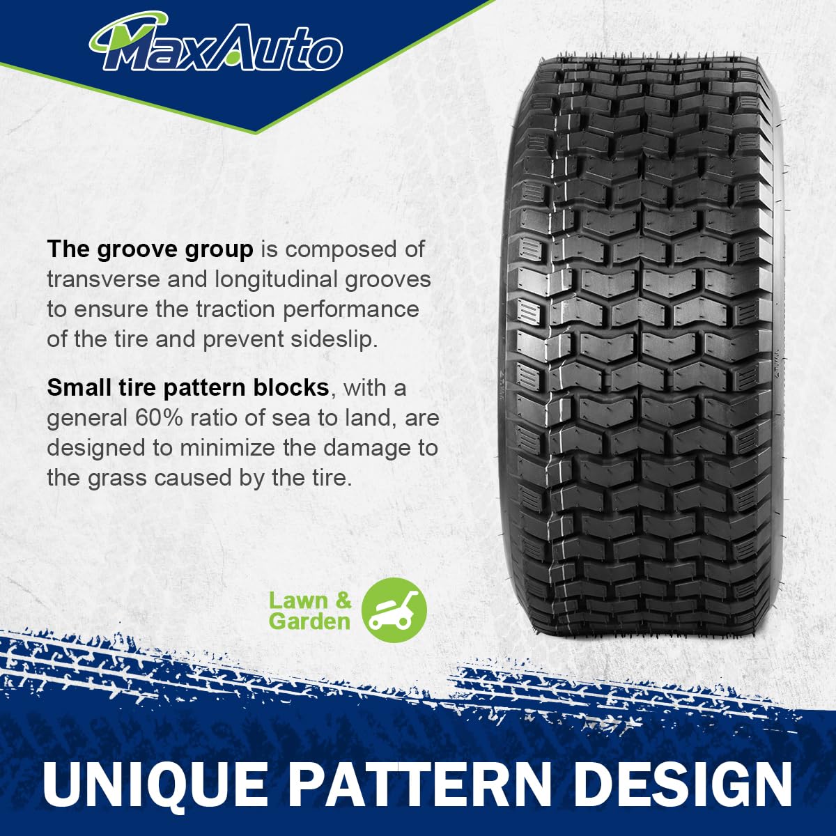 MaxAuto heavy-duty 4-ply 16x6.50-8 supports steady lawn tasks.