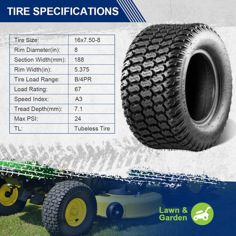MaxAuto Turf Saver tread with siped lugs for better traction and turf protection.