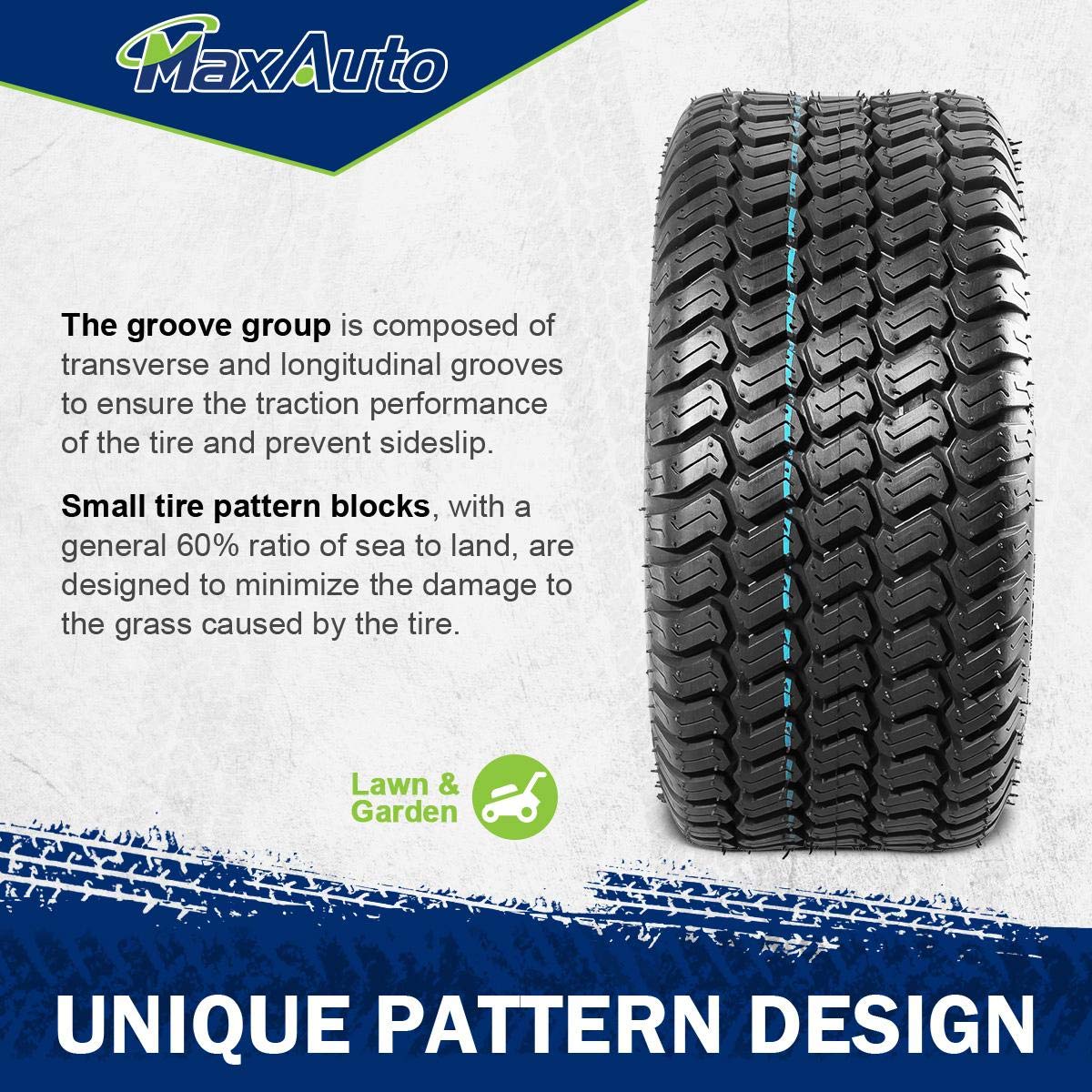 MaxAuto tire tread detail shows depth and rugged construction for durable mowing.