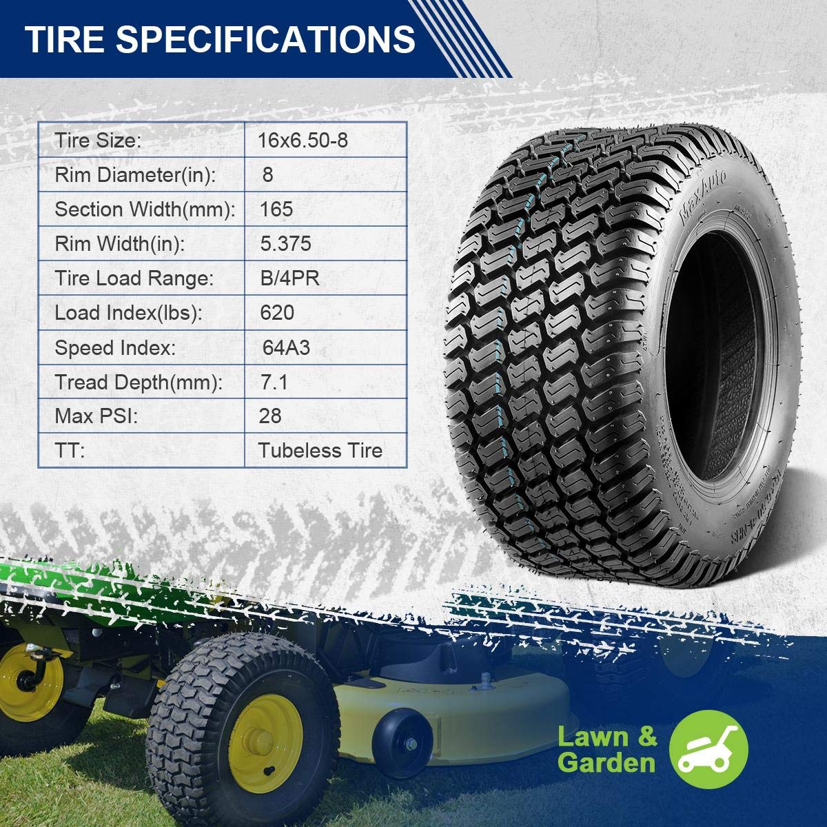 MaxAuto 16x6-50-8 mounted on a garden tractor for mowing efficiency.