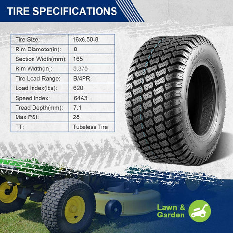 MaxAuto 16x6-50-8 mounted on a garden tractor for mowing efficiency.