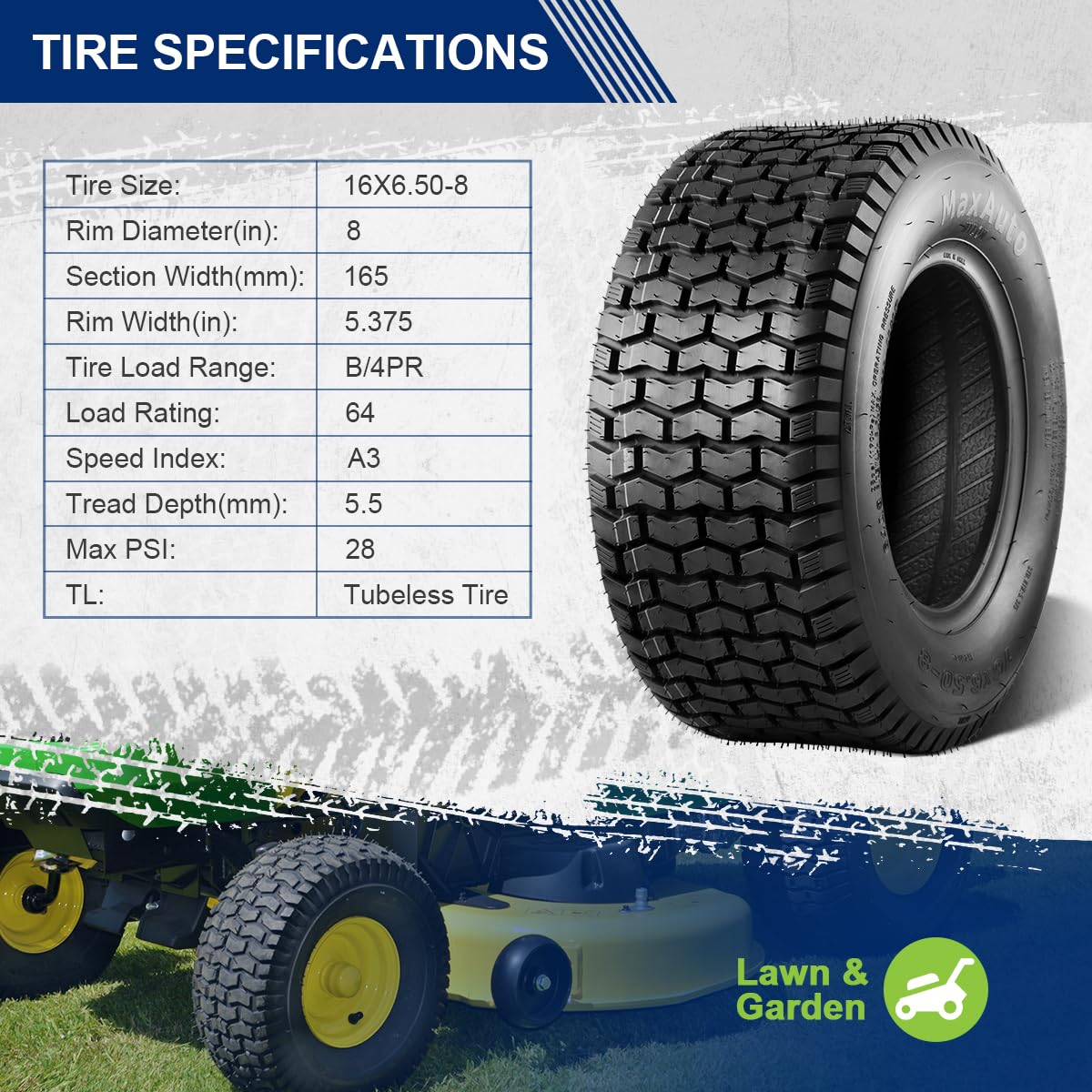 MaxAuto tubeless 4-ply 16x6.50-8 for durable, puncture-resistant performance.