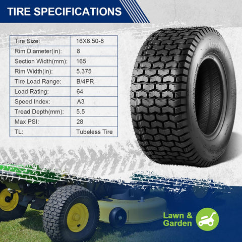 MaxAuto tubeless 4-ply 16x6.50-8 for durable, puncture-resistant performance.