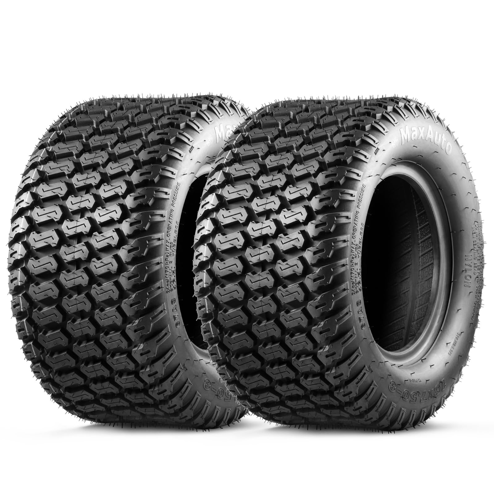 MaxAuto Turf Saver 16x7.50-8 sidewall close-up, showing durable construction for lawn tractors.