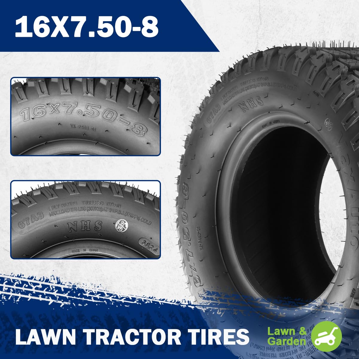MaxAuto 4PLY tubeless construction close-up, highlighting puncture resistance for grassy terrains.