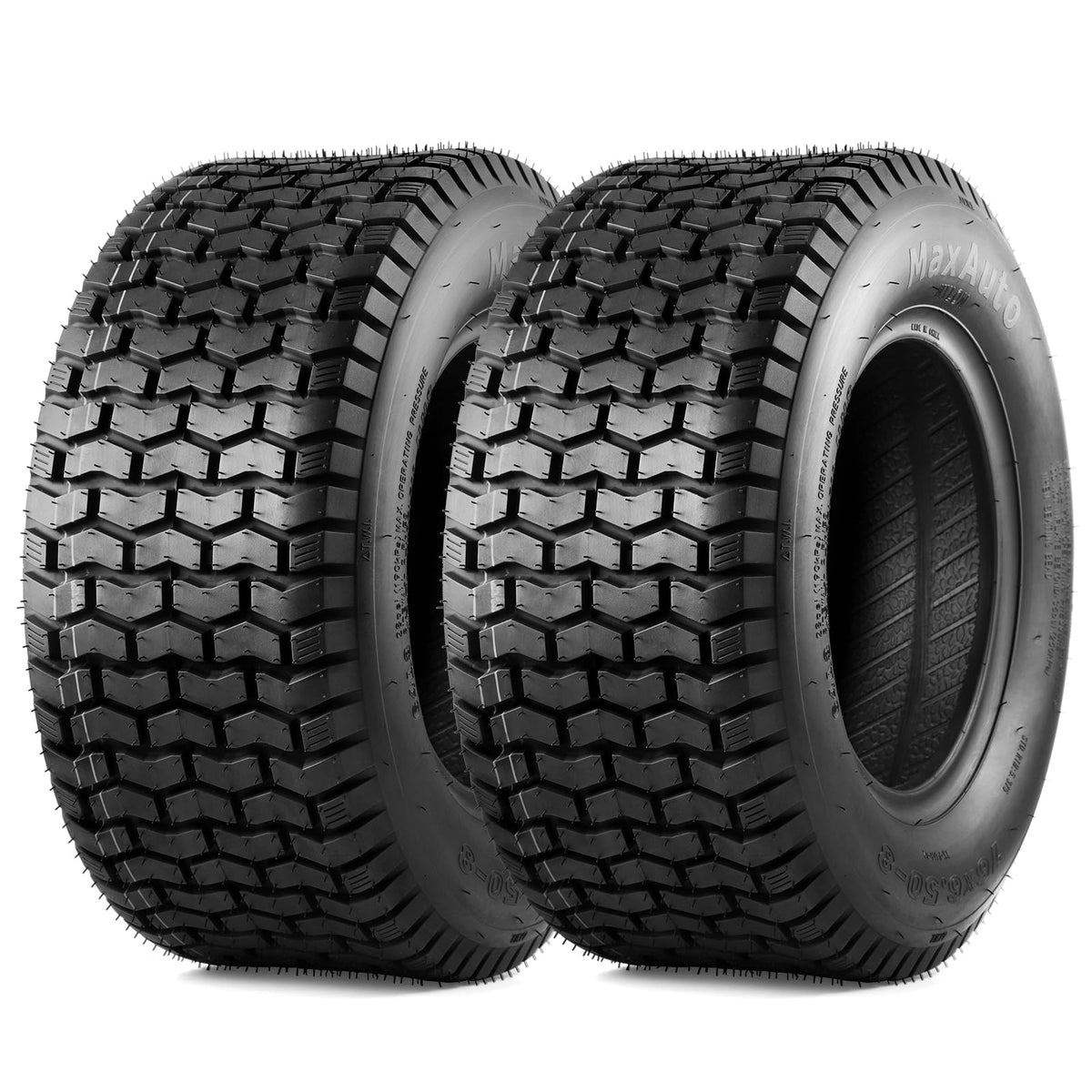 MaxAuto turf-tread traction on 16x6.50-8 for grass-friendly grip.