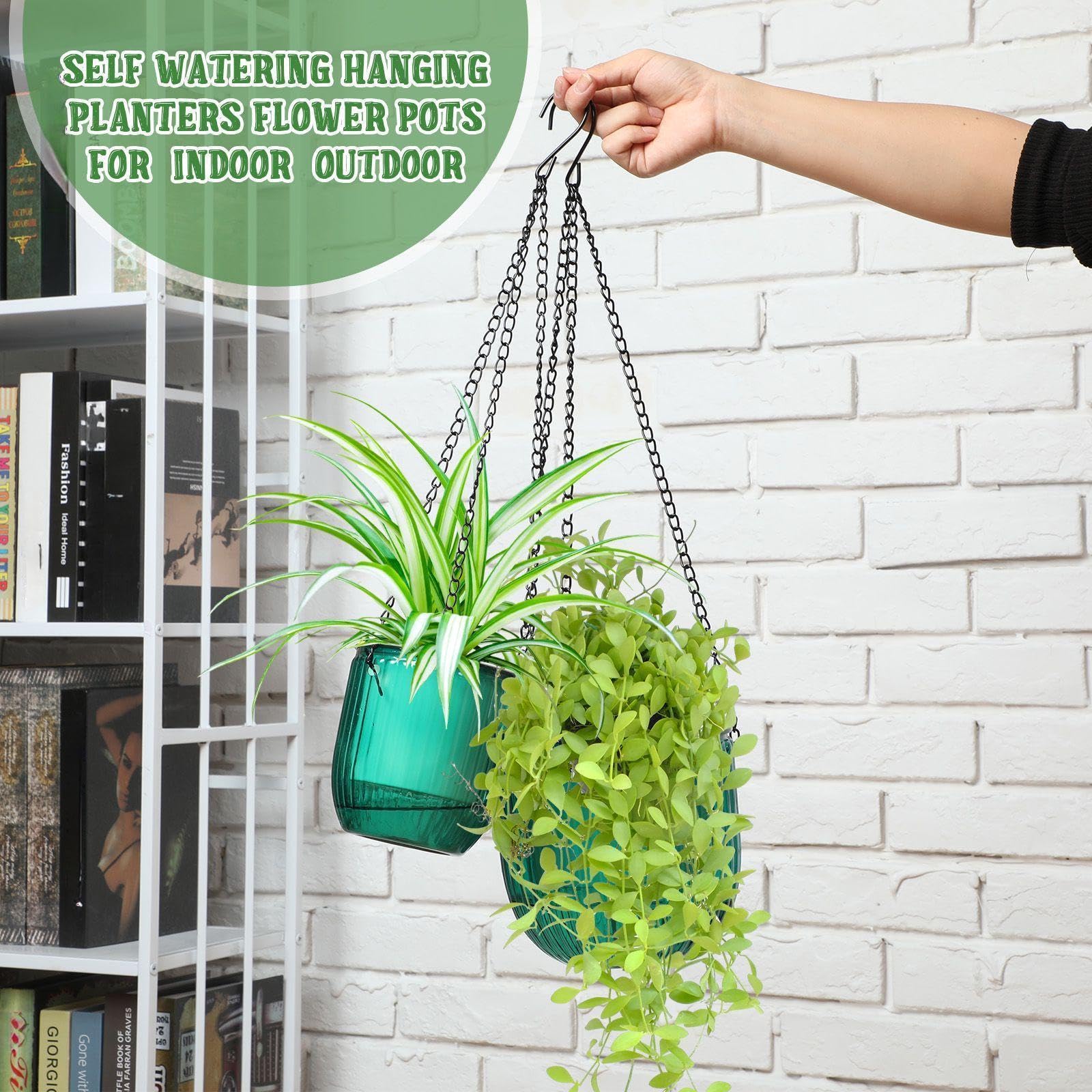 Maxcheck four-piece hanging planter set in emerald and grey for versatile layouts.