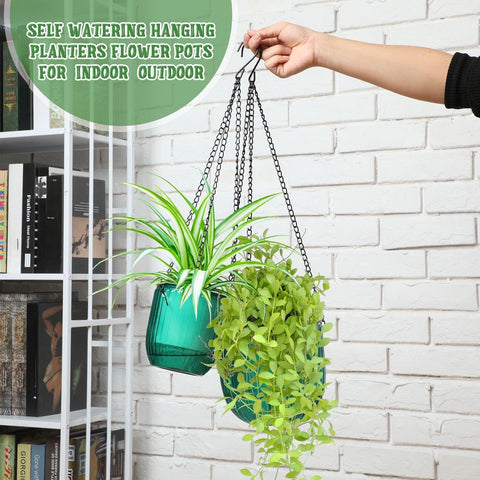 Maxcheck four-piece hanging planter set in emerald and grey for versatile layouts.