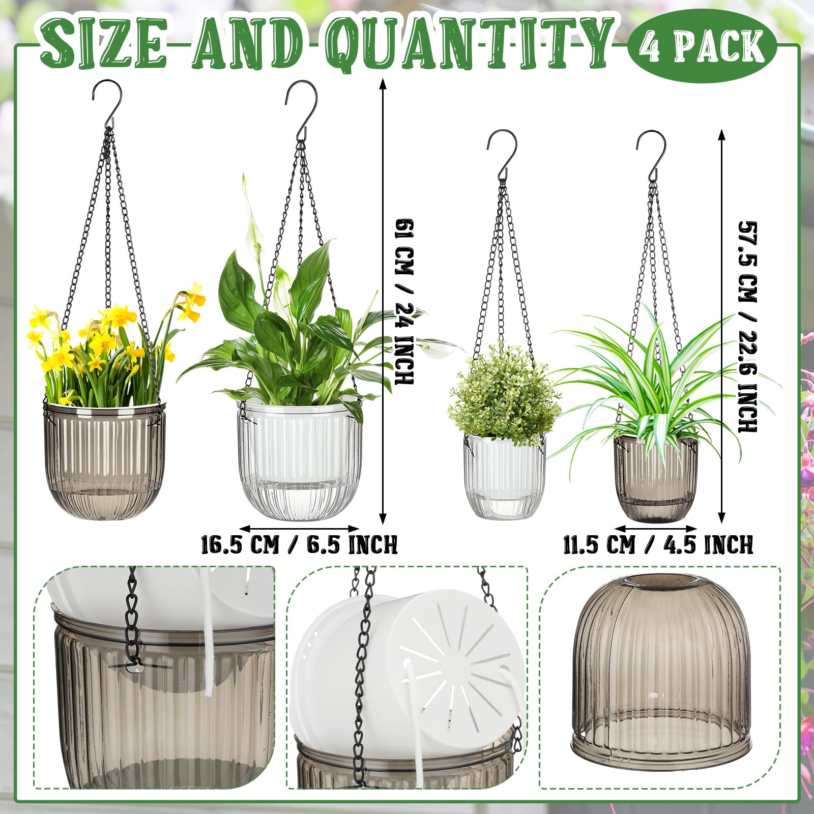 Maxcheck self-watering hanging pot 6.5-inch clear shows water level at a glance.