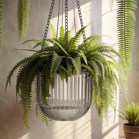 Maxcheck transparent water-level design on hanging pot for monitoring irrigation.