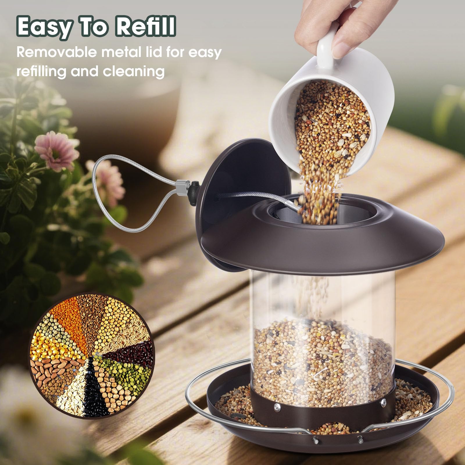MAXDORIA clear-tube viewing to monitor seed levels while birds feed