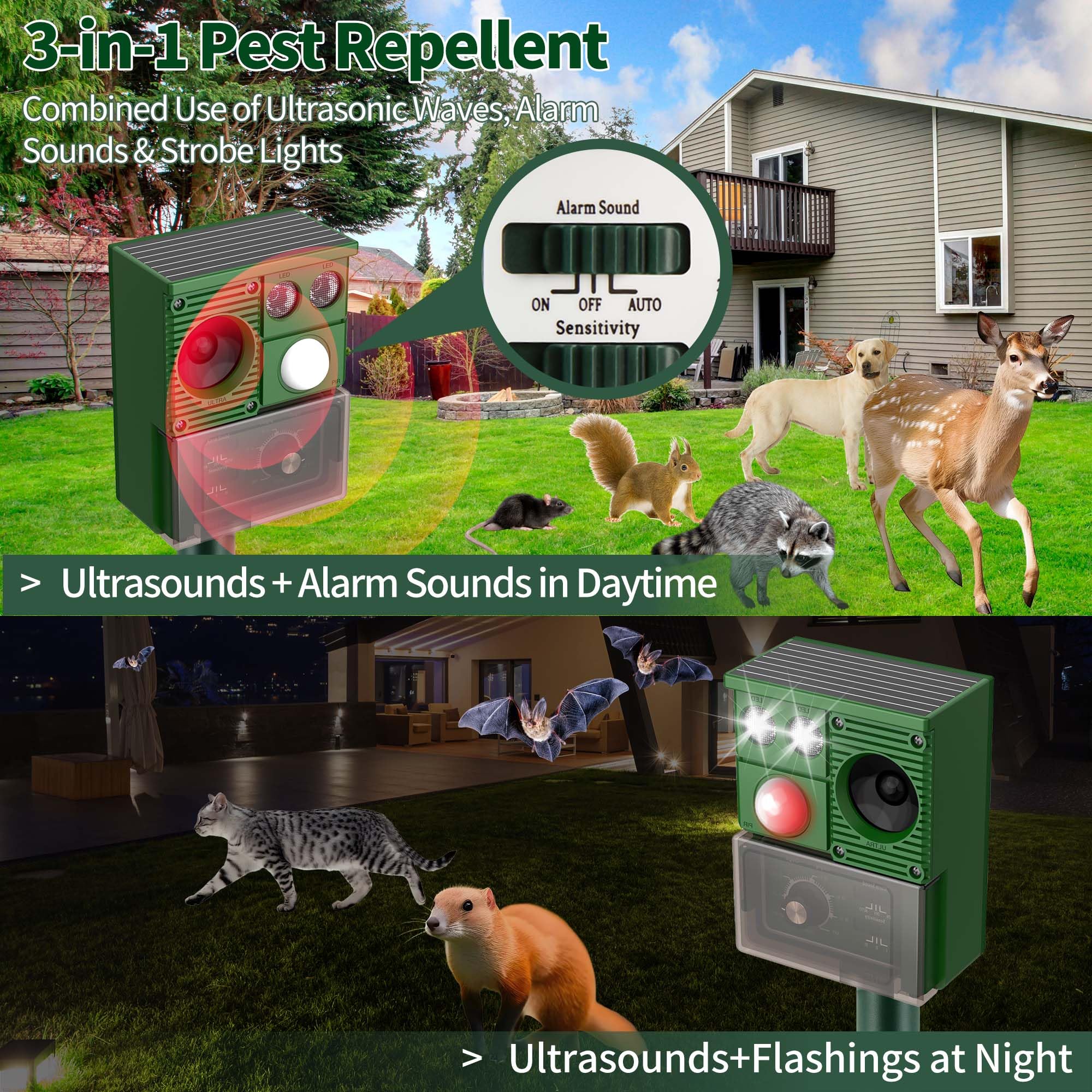 Maxfetched Solar Animal Repellent in action showing motion sensor triggering deterrents at dusk.