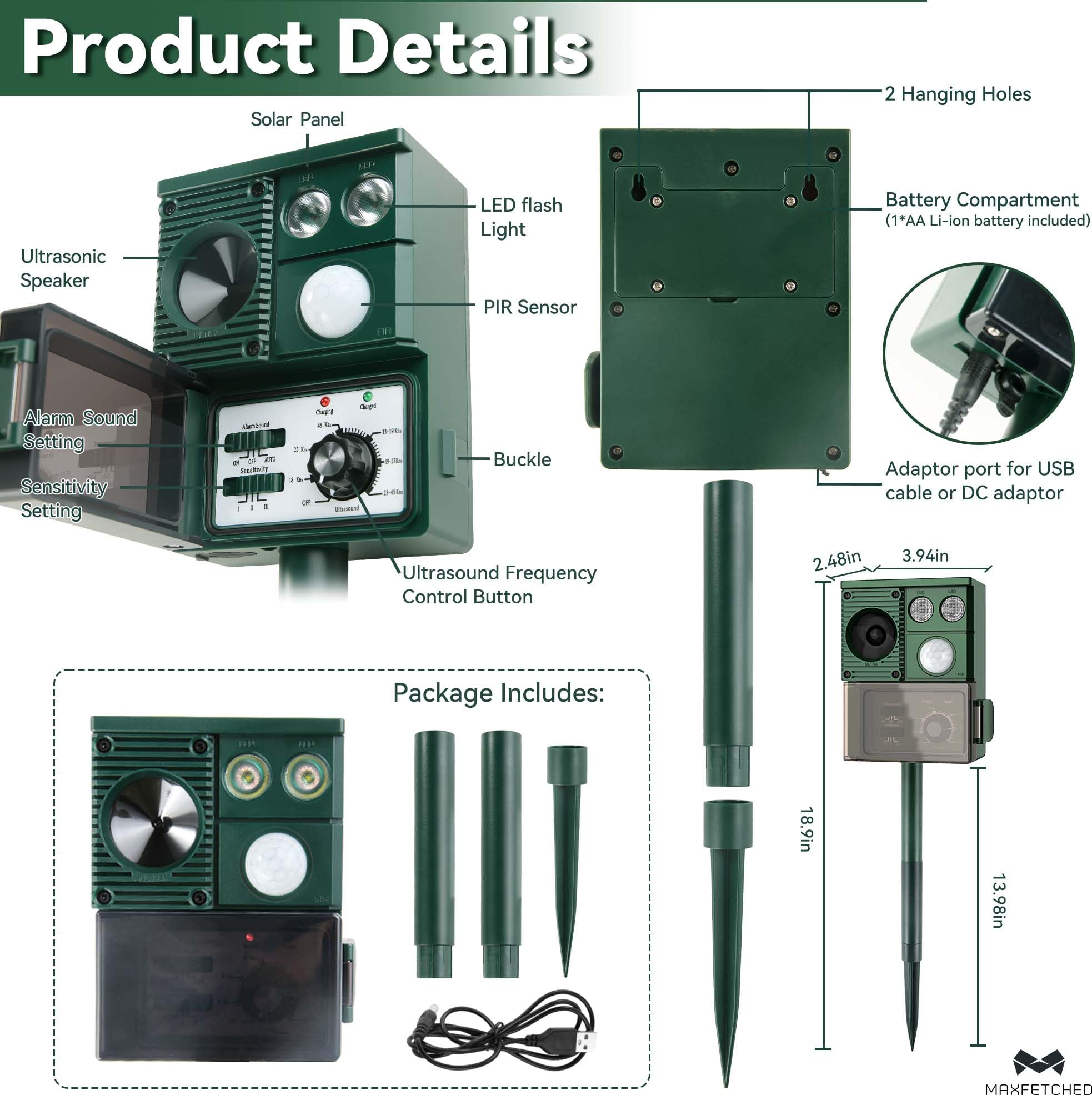 Maxfetched Solar Animal Repellent dual-power design supports solar and USB charging.