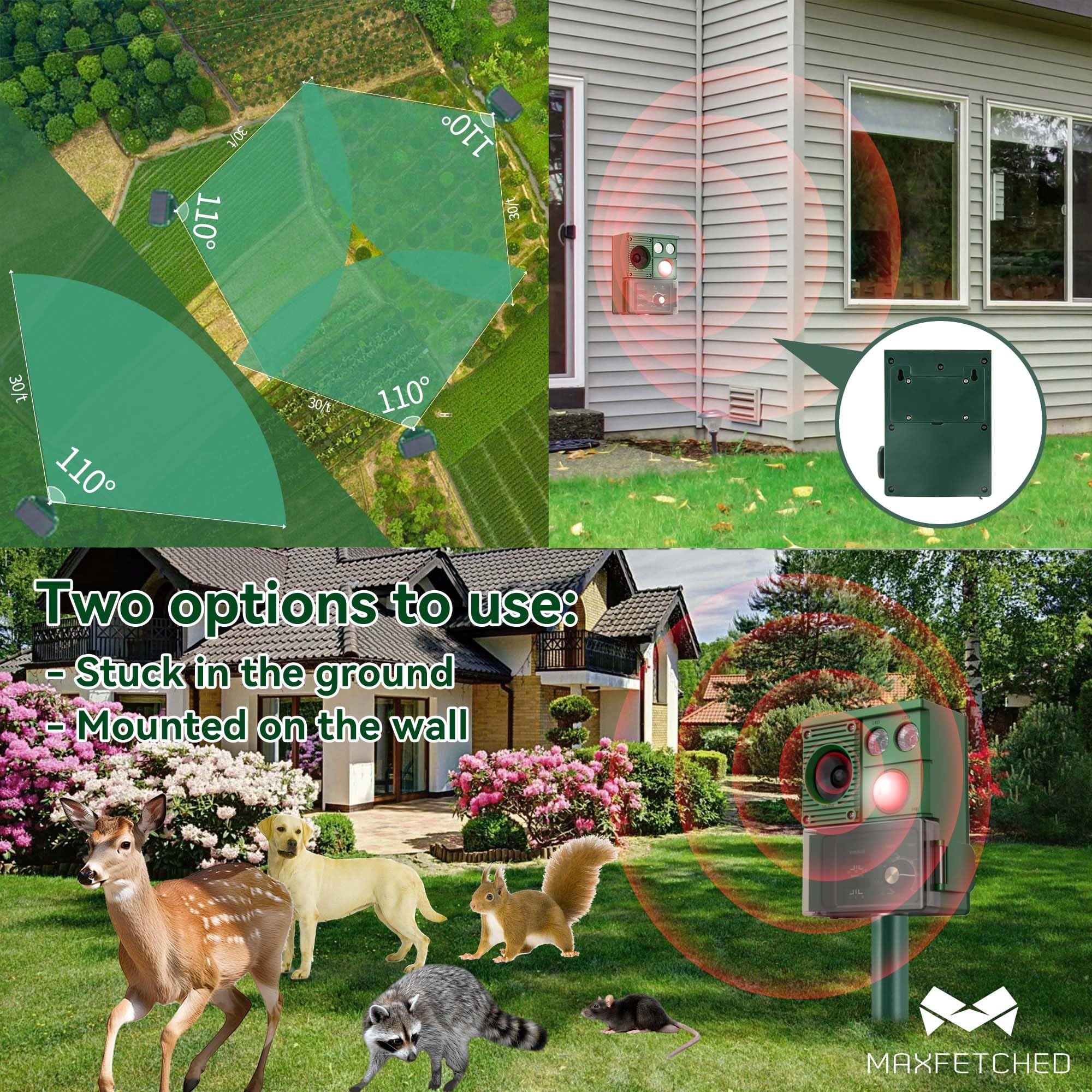 Maxfetched Solar Animal Repellent at night with LED strobe lights deterring nocturnal pests.