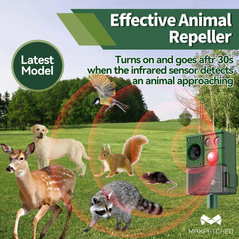Maxfetched Solar Animal Repellent in yard setup demonstrates wall-mount installation for flexible protection.