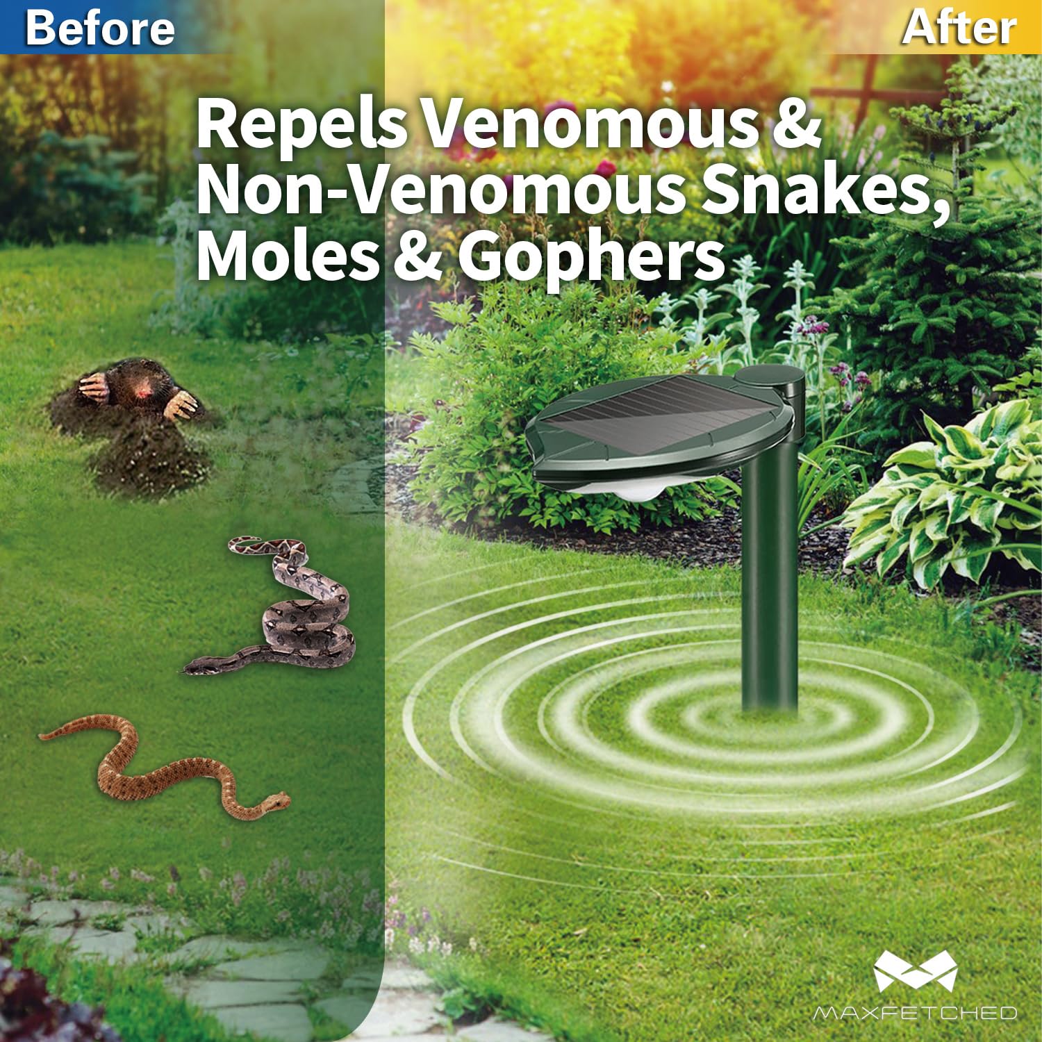 Maxfetched Ultrasonic Multi-Pulse Technology deters snakes and moles in gardens.