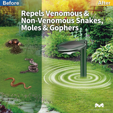 Maxfetched Ultrasonic Multi-Pulse Technology deters snakes and moles in gardens.