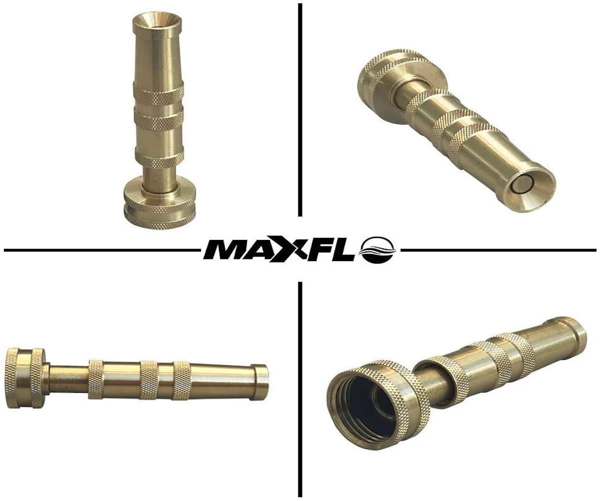 MAXFLO brass nozzle demonstrates adjustable spray patterns for gentle mist or jet.