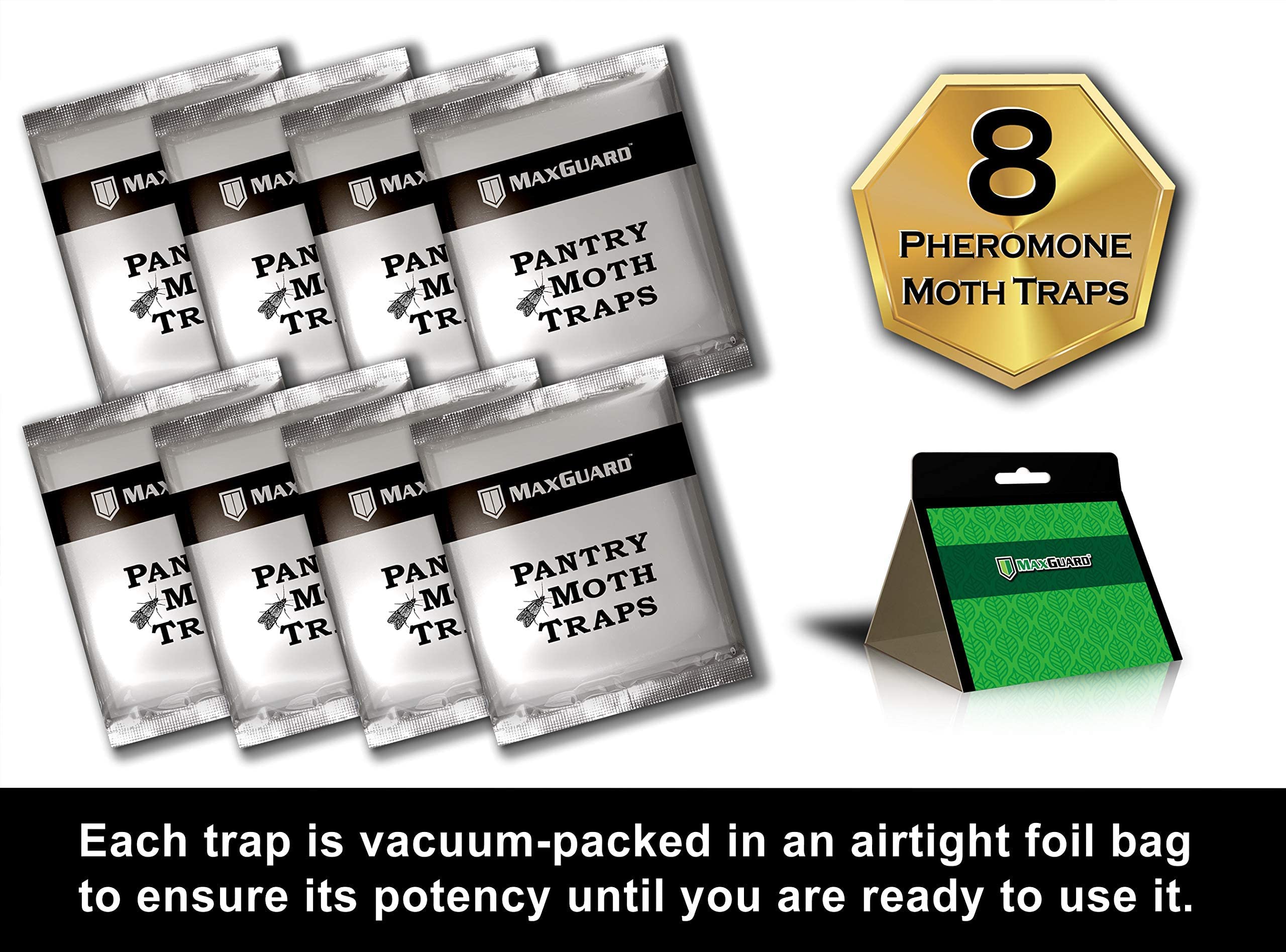 Maxguard pantry moth traps in kitchen cabinet, simple setup for ongoing protection.