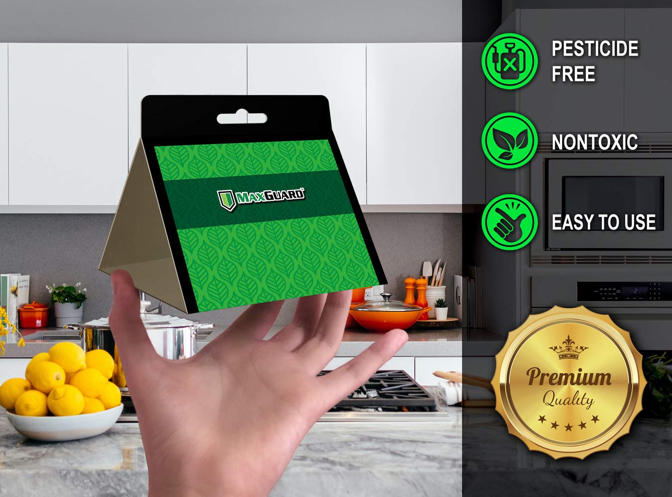 MaxGuard pheromone traps placed in a kitchen cabinet for moth control
