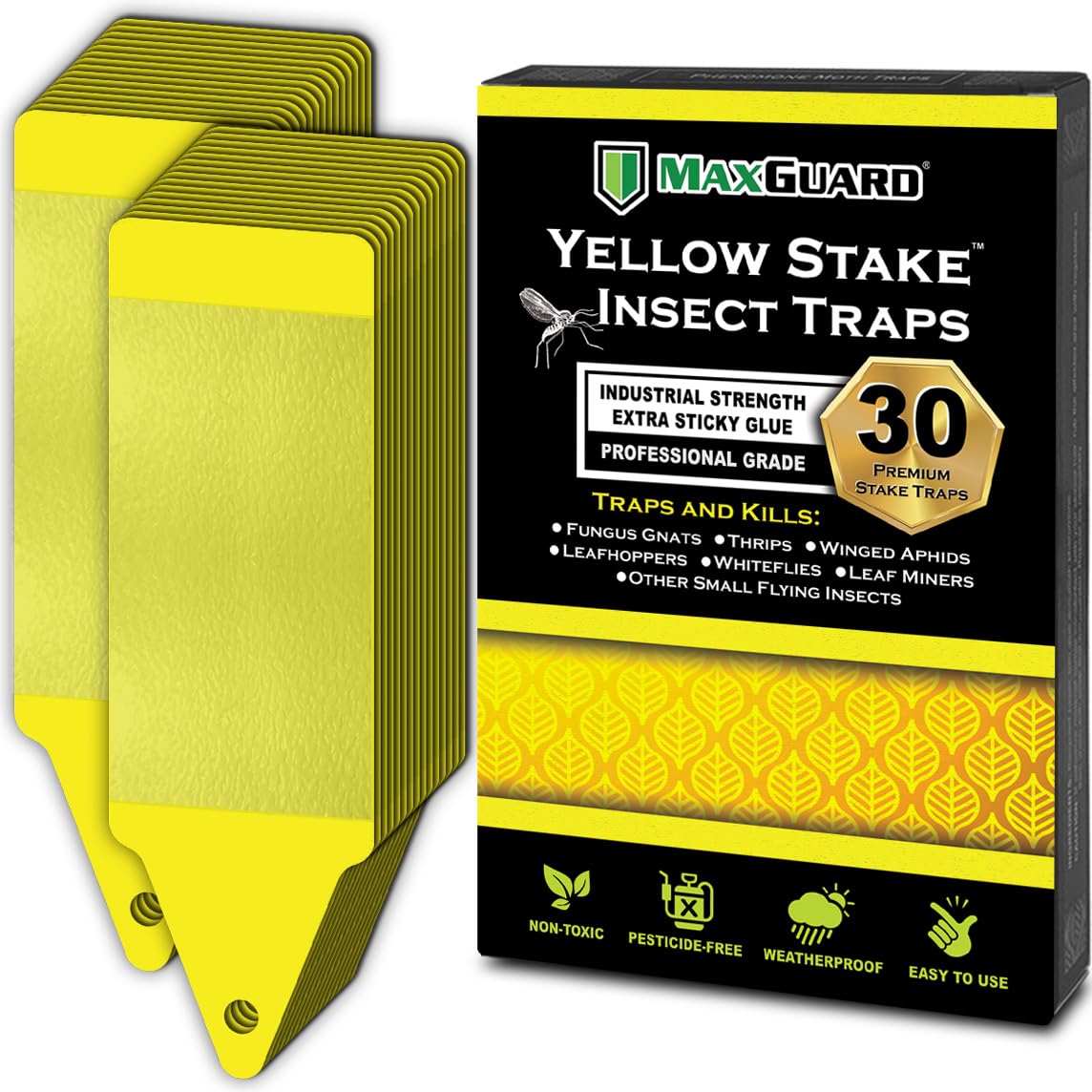 MaxGuard yellow stake trap in garden captures pests naturally for a safer home garden.