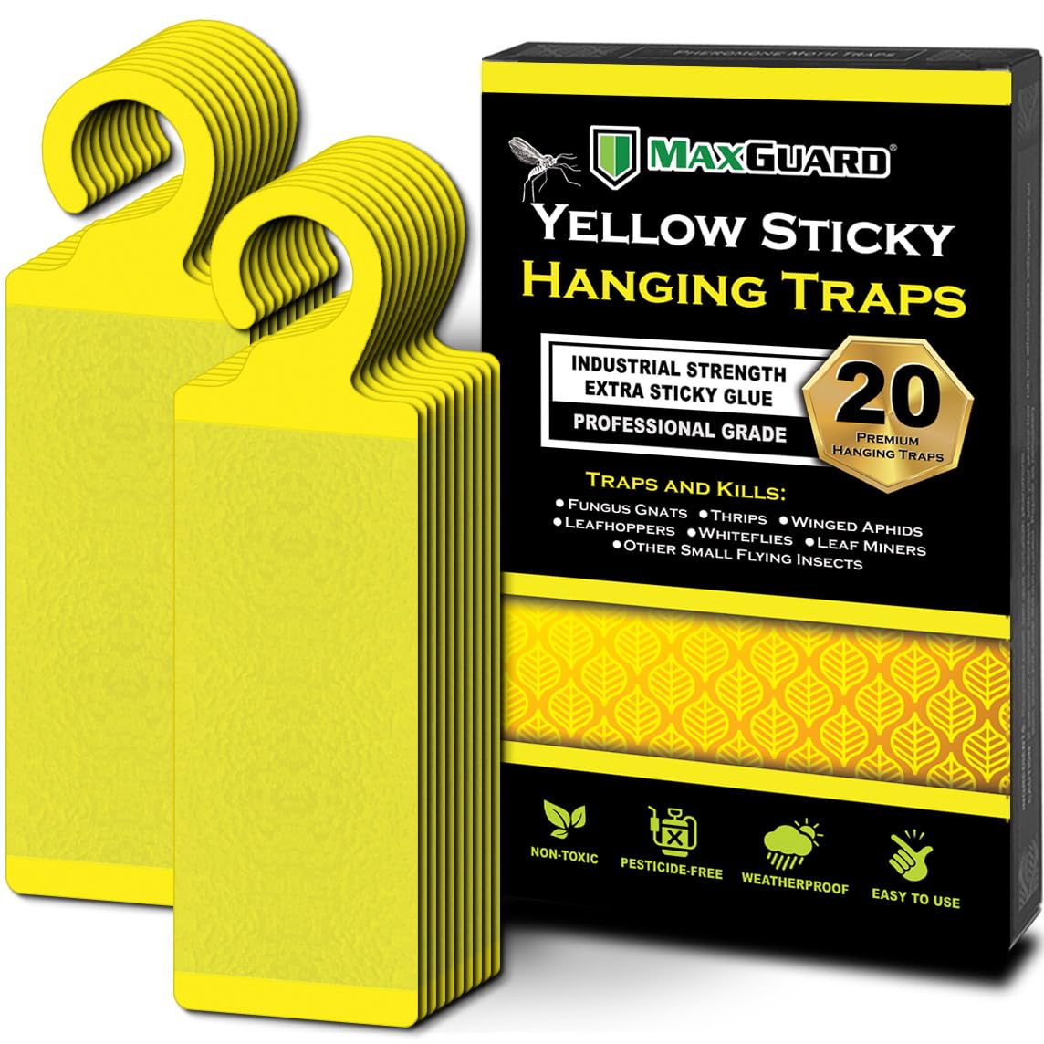 MaxGuard yellow sticky trap with hanging hook protecting indoor plants from pests.