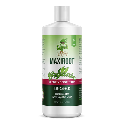 MAXIROOT Organic Seedling Solution bottle ready for watering to boost early root growth.