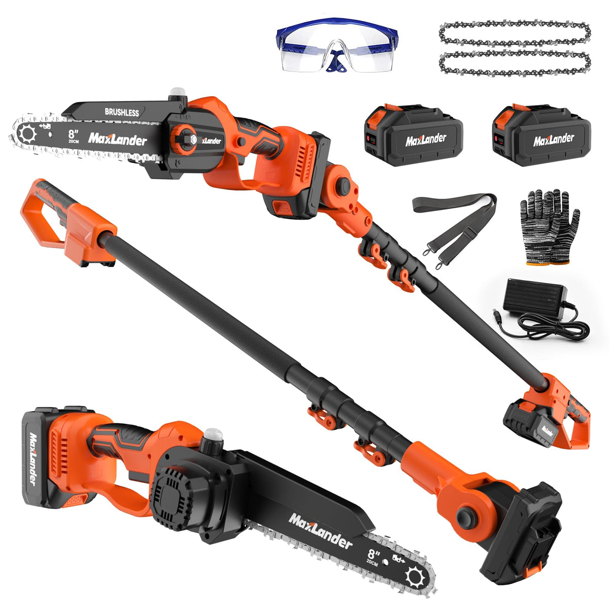 MAXLANDER 2-in-1 cordless pole saw with 8-inch chainsaw for quick branch cuts.
