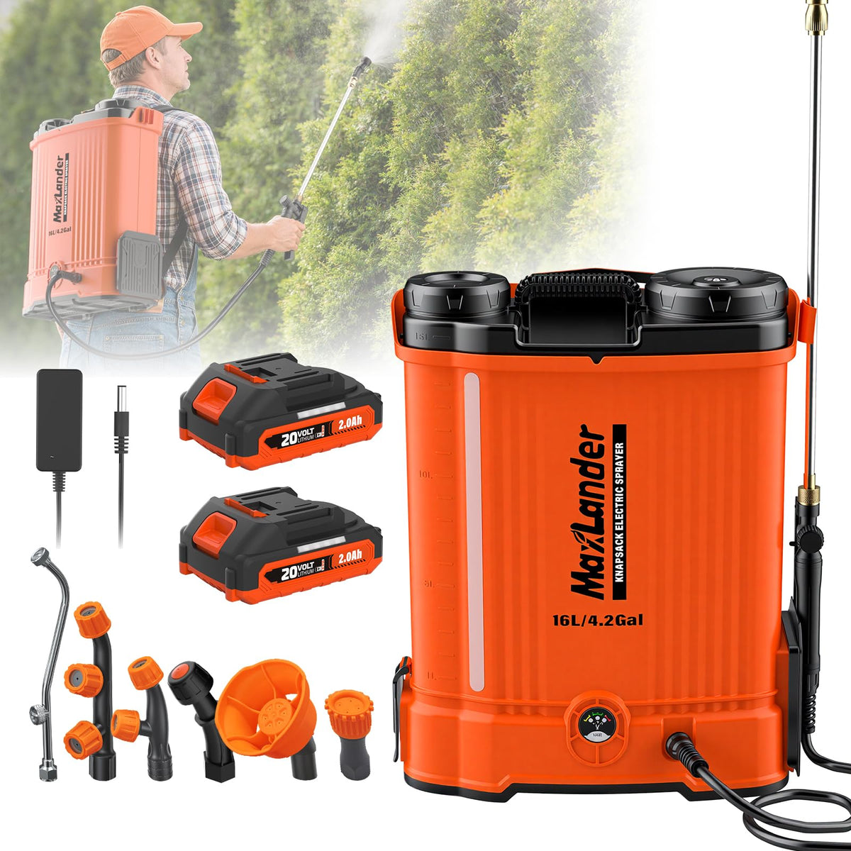 MAXLANDER battery powered backpack sprayer overview shows 4.2 gallon capacity for yard care
