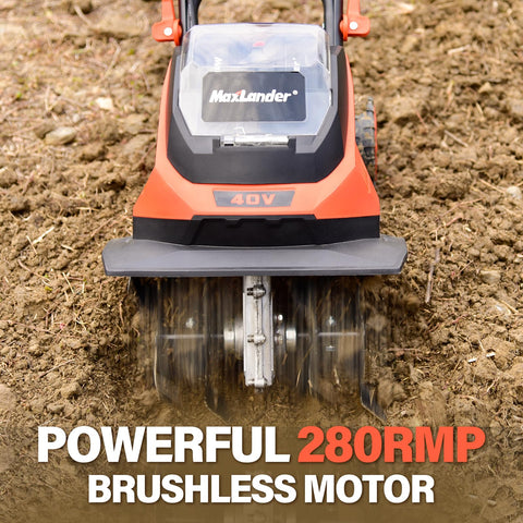 MAXLANDER cordless tiller shows 12-inch working width for quick bed prep
