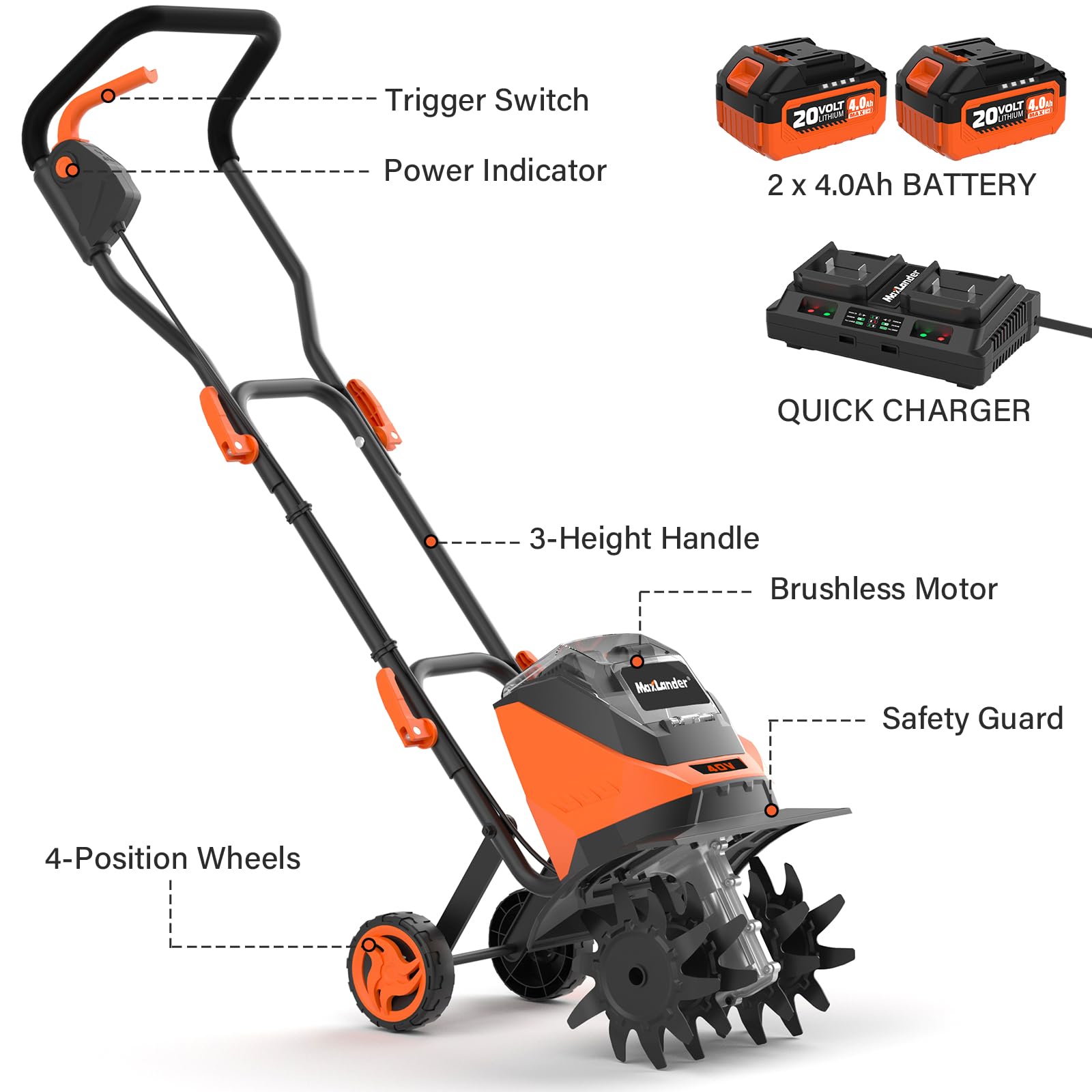 MAXLANDER cordless tiller charger-included with two 4.0Ah batteries